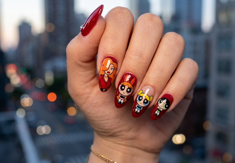 Ms. Bellum nails on glossy red base with Powerpuff Girls