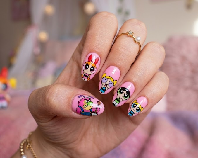 Fuzzy Lumpkins nails on pink base with Powerpuff Girls