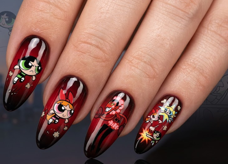 HIM nails on red and black gradient base with Powerpuff Girls