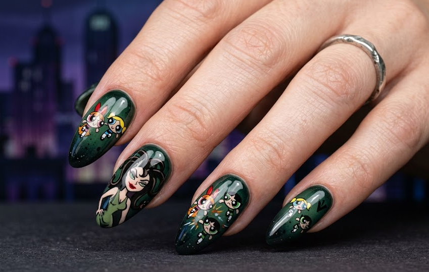 Sedusa nails on green base with Powerpuff Girls”