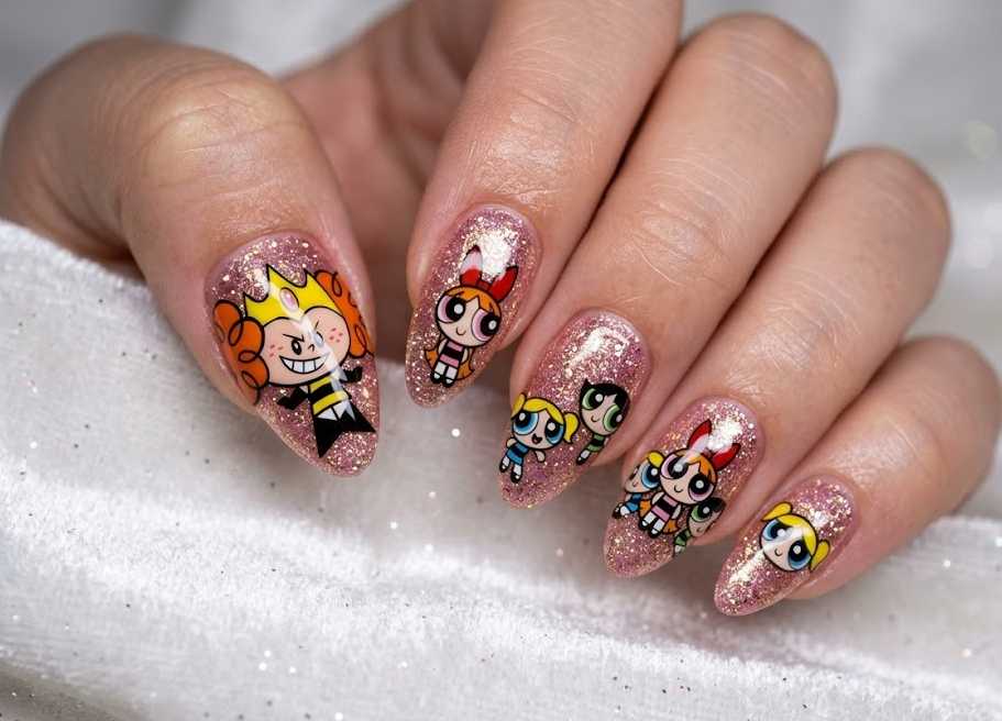 Princess Morbucks nails on pink and gold glitter base with Powerpuff Girls