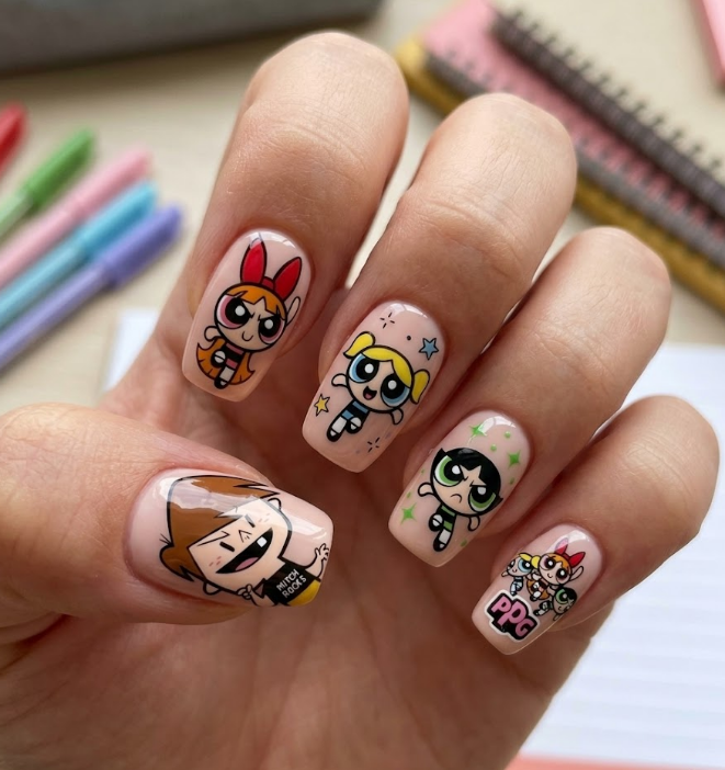 Nude and light-colored nails with Mitch alongside Powerpuff Girls