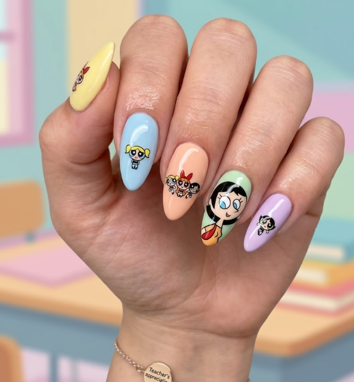Pastel-themed nails showcasing Ms. Keane with Powerpuff Girls”