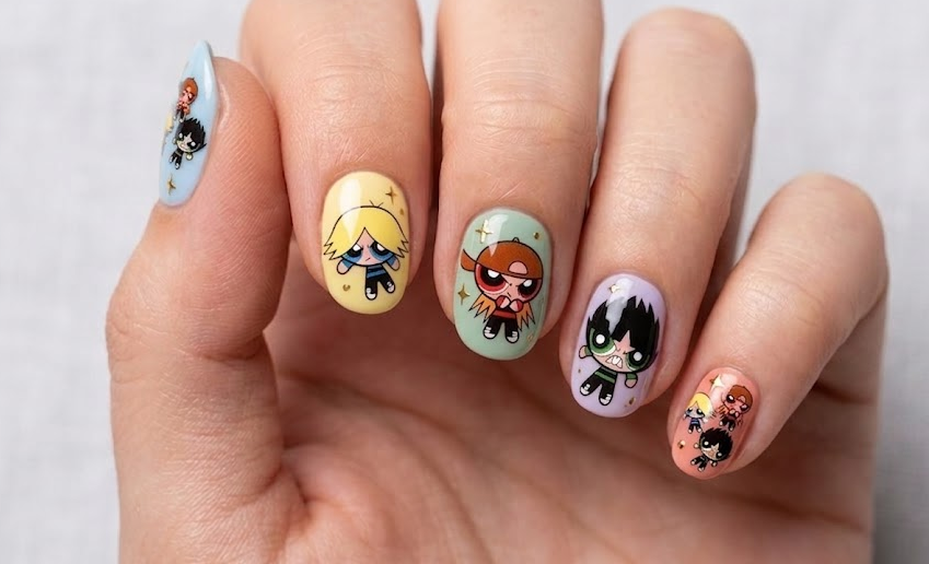 Dark pink, blue, and green nails featuring Rowdyruff Boys