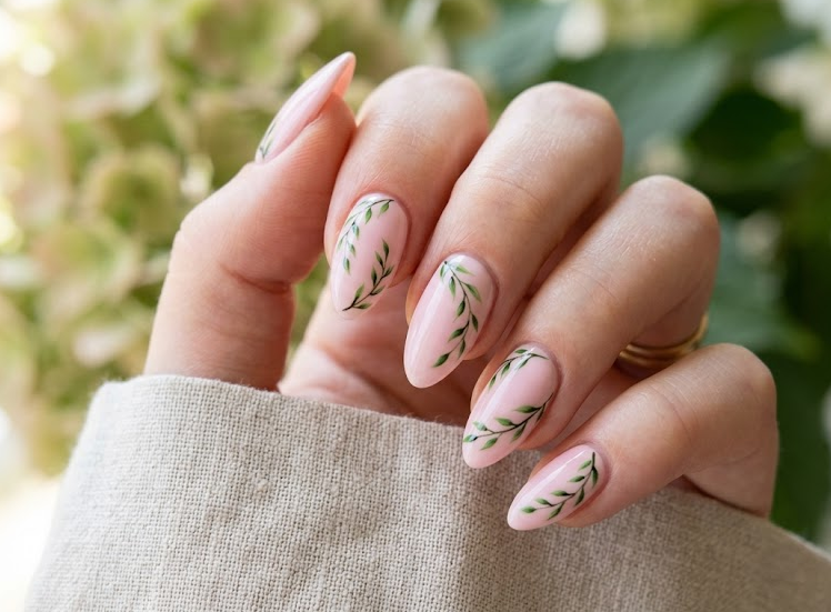Willow – Almond shaped nails: Soft pink base, fresh green willow leaves trailing, minimalist spring French tip, elegant nails.