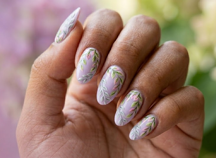 White Oak – Oval shaped nails: Lavender base, light green-pink oak leaves near cuticle, soft spring gradient, delicate nails.