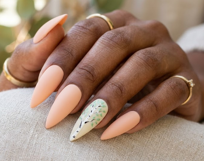 Aspen Tree – Square shaped nails: Pale mint base, chartreuse vertical aspen leaves, light shimmer topcoat, simple spring nails.