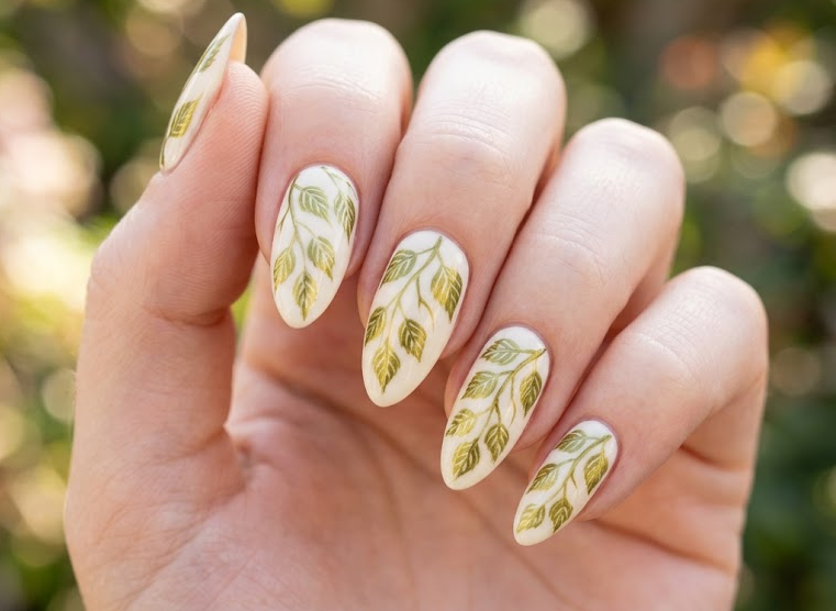 Birch Tree – Almond shaped nails: Light cream base, golden-green birch leaves, glossy topcoat, elegant spring nail design.