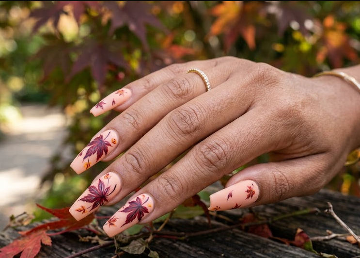Japanese Maple – Coffin shaped nails: Peach base, deep red maple leaves, scattered accents, matte finish, elegant summer nails.