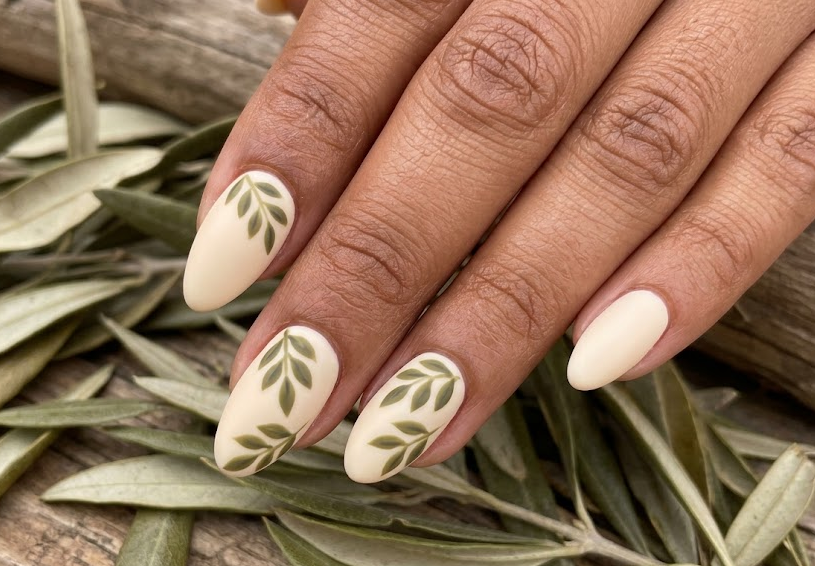 Olive Tree – Almond shaped nails: Warm cream base, olive green oval leafs clustered, matte finish, natural summer nails.