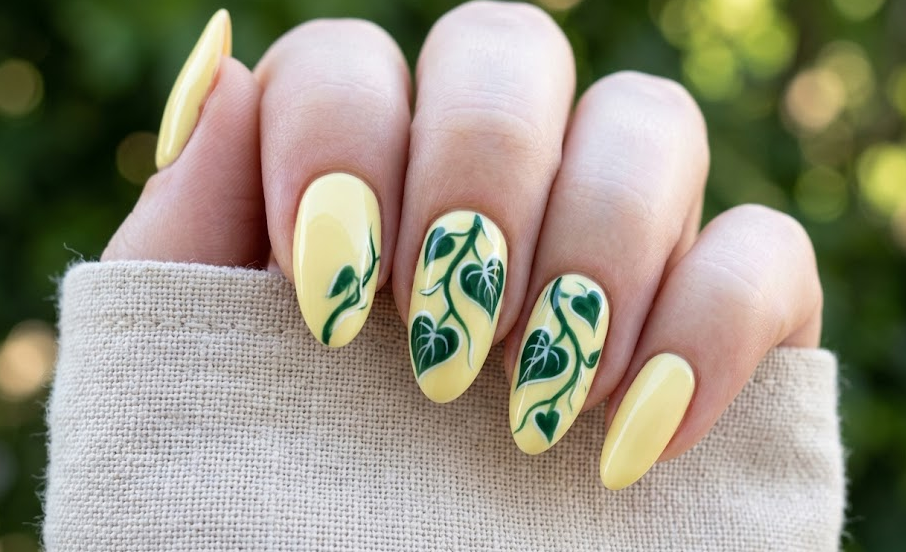 Philodendron – Almond shaped nails: Pastel yellow base, deep green vine philodendron leafs with white outlines, soft summer nails.