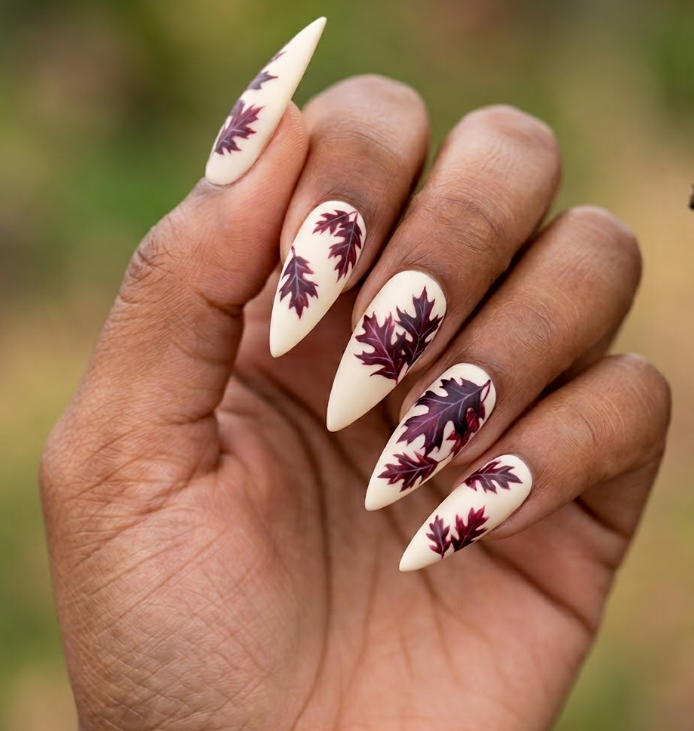 Scarlet Oak – Stiletto shaped nails: Cream base, dark red oak leafs clustered, matte finish, rich autumn nails.