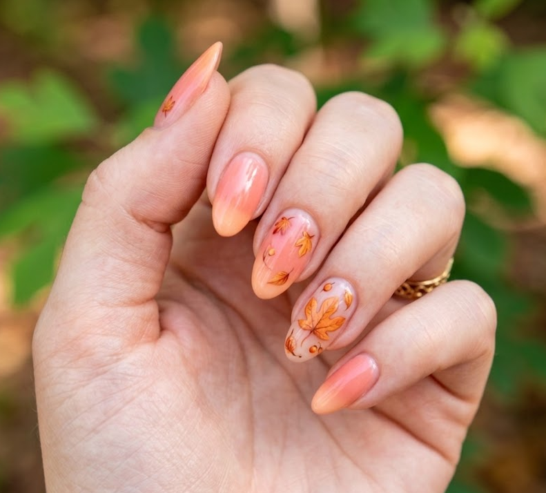 Sassafras – Almond shaped nails: Soft coral base, apricot orange falling sassafras leafs, gradient base, autumn vibe.