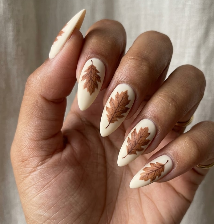 Dried Oak – Stiletto shaped nails: Cream base, rusty brown dried oak leafs, single accent, matte finish, subtle winter nails.