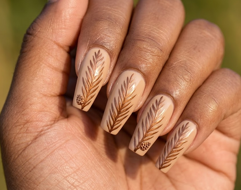 Cryptomeria – Coffin shaped nails: Pale tan base, bronze vertical cryptomeria leafs, thin pattern, glossy winter nails.