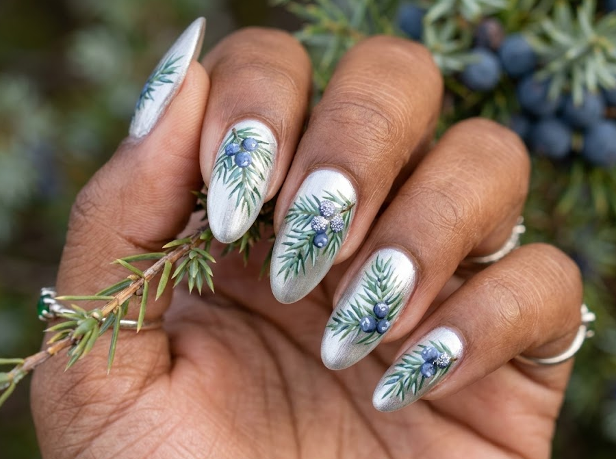 Juniper Bush – Almond shaped nails: Light silver base, dusty blue-green clustered juniper leafs, tiny silver glitter, icy nails.