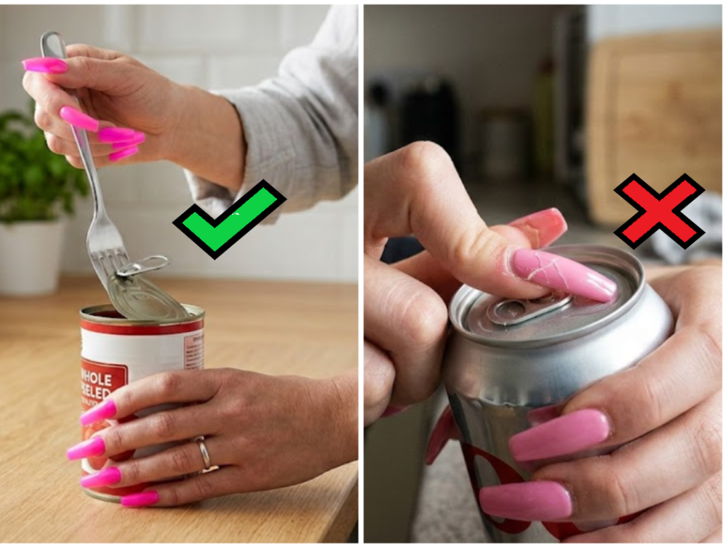Photo shows correct method of using tools like spoon and fork to open cans and peel stickers safely, and incorrect method of using fingernails as tools resulting in bending and breakage.