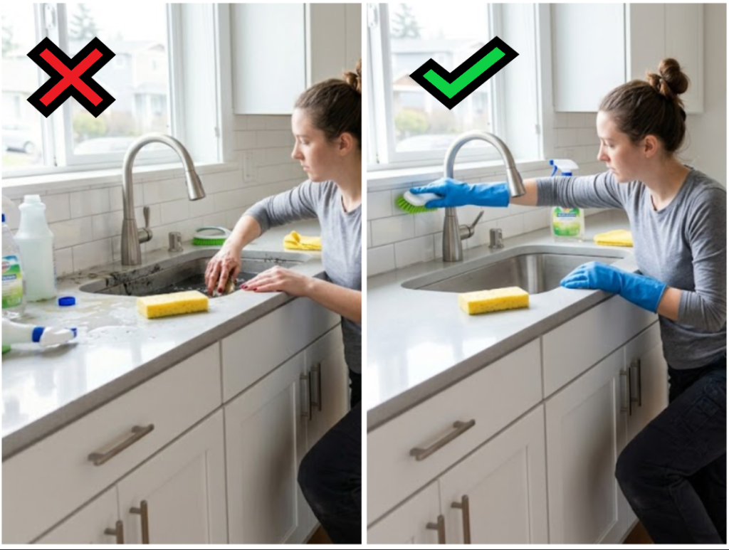 Photo shows correct cleaning method using rubber gloves, scrub brush, sponge, and mop to protect nails, and incorrect method of cleaning with bare hands exposed to harsh chemicals causing nail damage.