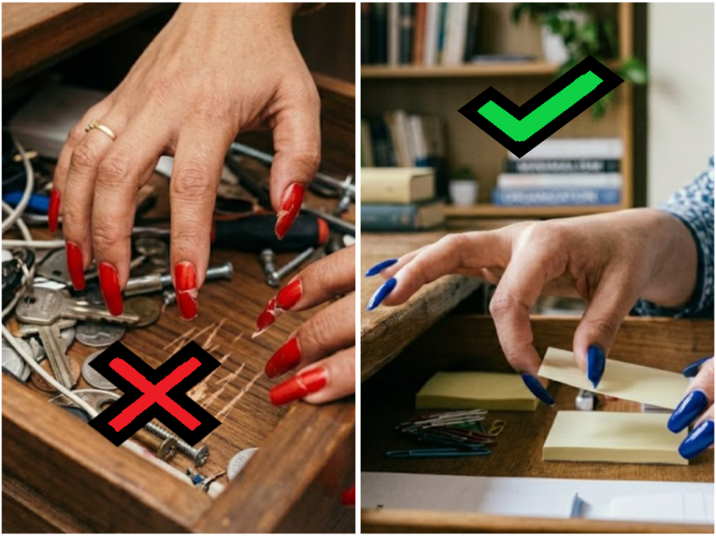 Photo shows correct method of carefully handling objects using knuckles and proper hand technique, and incorrect method of using fingernails forcefully which leads to nail damage and strain.