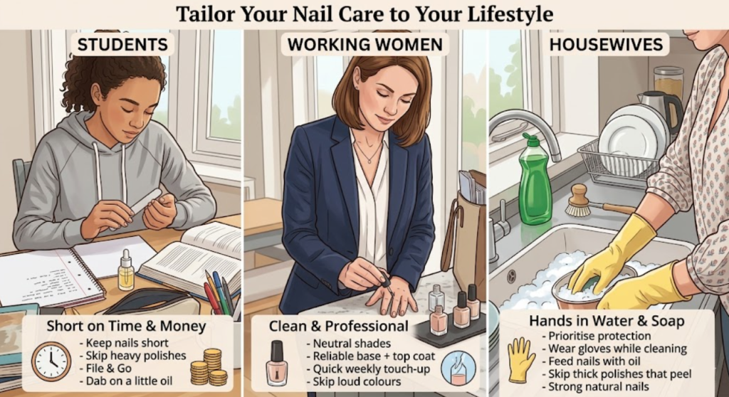 A three-part infographic illustrating nail care routines for different lifestyles: students, working women, and housewives.