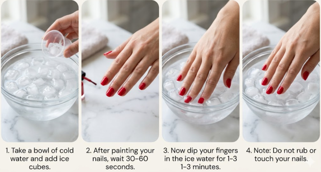 A person dipping their freshly painted fingernails into a bowl of ice water to dry nail polish quickly.