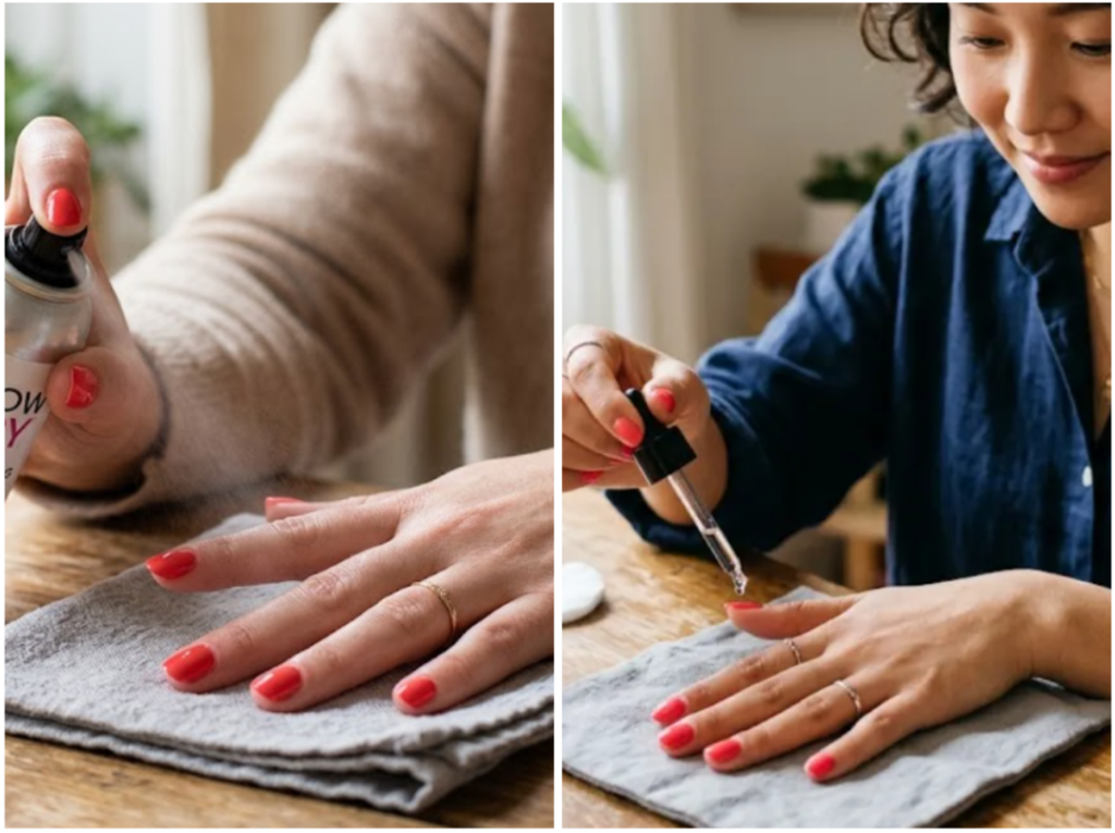A close-up of a hand receiving quick-dry nail spray or drying drops on freshly painted nails for a perfect, smudge-free finish.