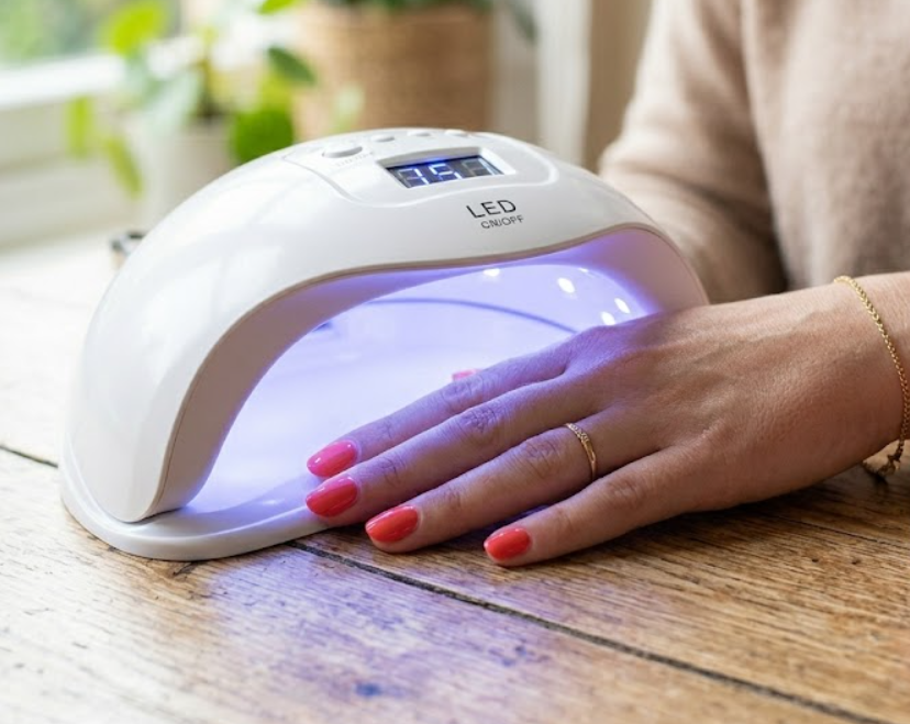 Freshly painted gel nails being cured under a professional UV/LED nail lamp for a quick-dry finish.