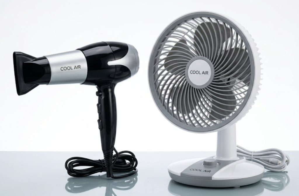 A handheld hairdryer and a small desk fan shown as tools for drying nail polish with cool air.