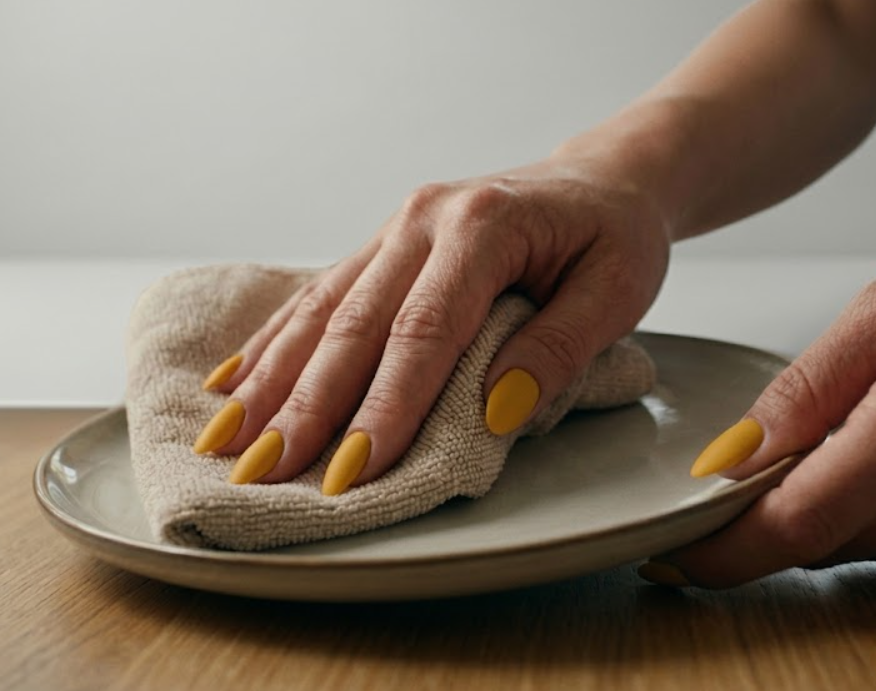 A girl carefully and slowly cleaning dishes with controlled hand movements, showing mindful technique to protect nails during household work.