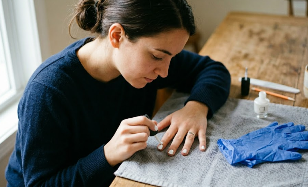Photo shows correct method of caring for nails using oil and strengthening products for healthy nails, and incorrect method of neglecting nail care leading to dry, brittle, and damaged nails.