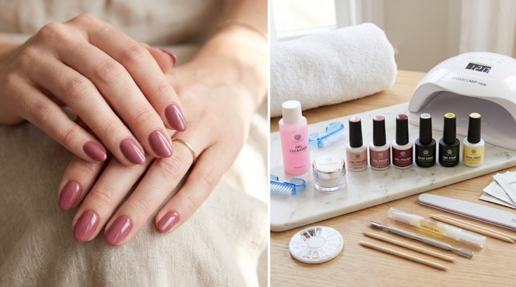 A side-by-side collage showing simple, elegant one-color nail polish on neatly manicured nails on one side, and a gel nail kit with tools and products displayed on the other side.