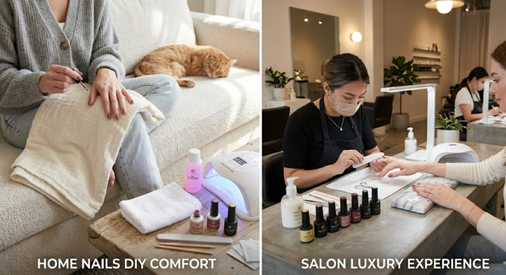 A comparison collage of at-home nail care with a person painting nails in a casual setting on one side, and a professional salon manicure with tools and expert application on the other side.