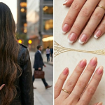 A split image featuring a confident, stylish girl posing from the back on one side, and trendy nail designs including French tips, ombre, and floral nail art displayed on the other side.