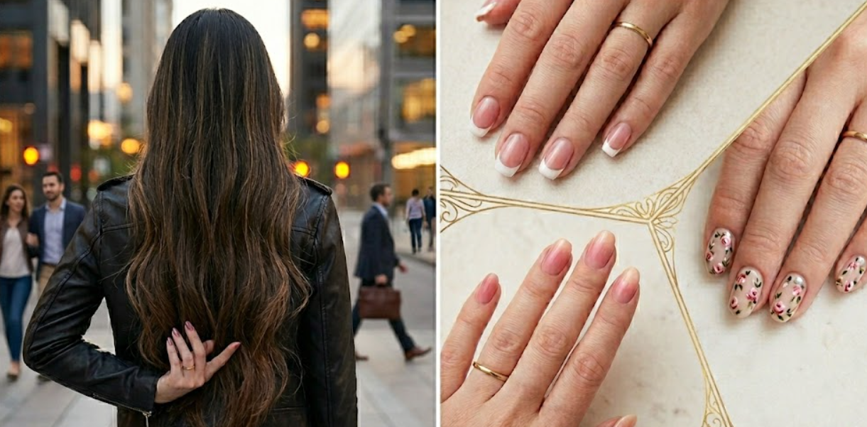 A split image featuring a confident, stylish girl posing from the back on one side, and trendy nail designs including French tips, ombre, and floral nail art displayed on the other side.