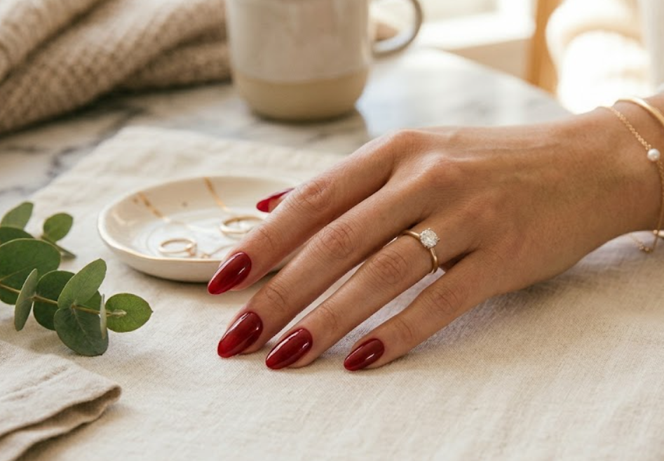 Elegant dark red gel nails on a bride, featuring a sophisticated and durable salon-quality design.