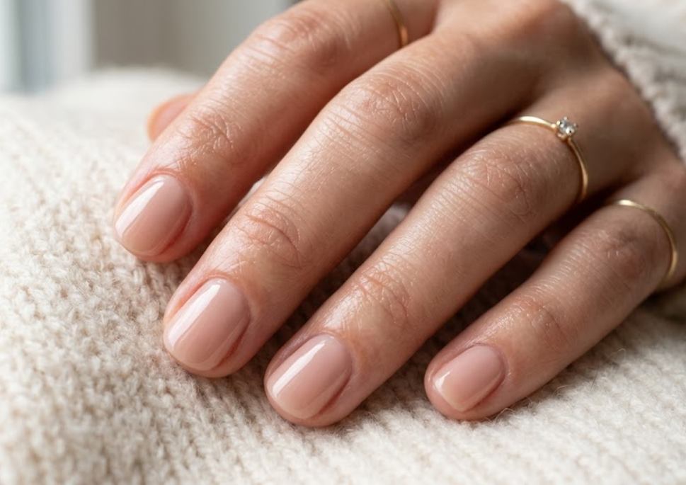 A close-up of elegant nude gloss bridal nails with a clean, natural shine that matches any wedding outfit.