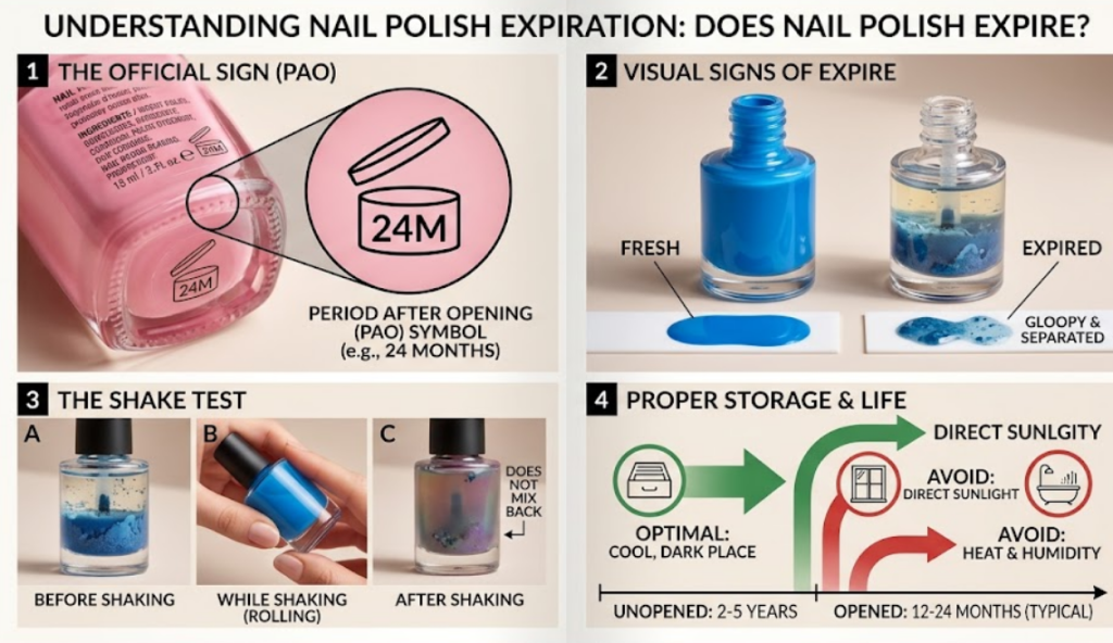 A detailed infographic illustrating the signs of nail polish expiration and tips for extending its shelf life, featuring visual comparisons, a breakdown of common signs like texture changes, and practical storage advice