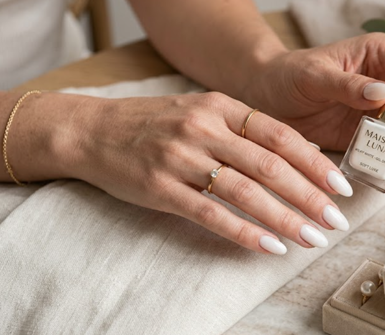 Modern milky white bridal nails providing a soft luxury look and a fresh, clean aesthetic for brides.