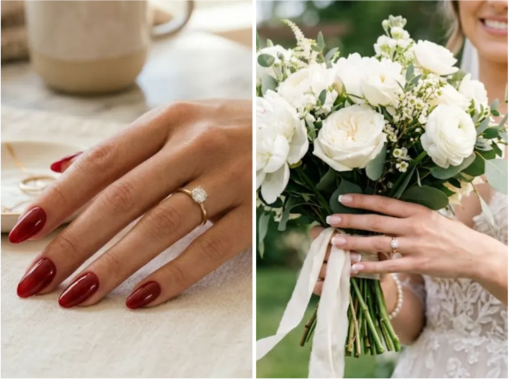 A beautiful collage featuring various bridal nail designs, including classic white french tips and dark red for a wedding look.