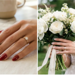 A beautiful collage featuring various bridal nail designs, including classic white french tips and dark red for a wedding look.