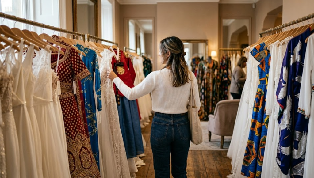 A woman viewed from behind browsing a diverse collection of multicultural bridal gowns in a boutique, featuring white lace dresses alongside vibrant red, blue, and patterned traditional attire.