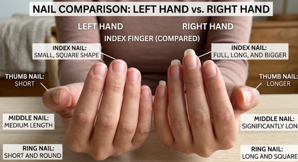 A side-by-side comparison of two hands on a wooden table, labeled to show short square nails on the left hand and full long nails on the right hand.