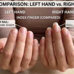 A side-by-side comparison of two hands on a wooden table, labeled to show short square nails on the left hand and full long nails on the right hand.
