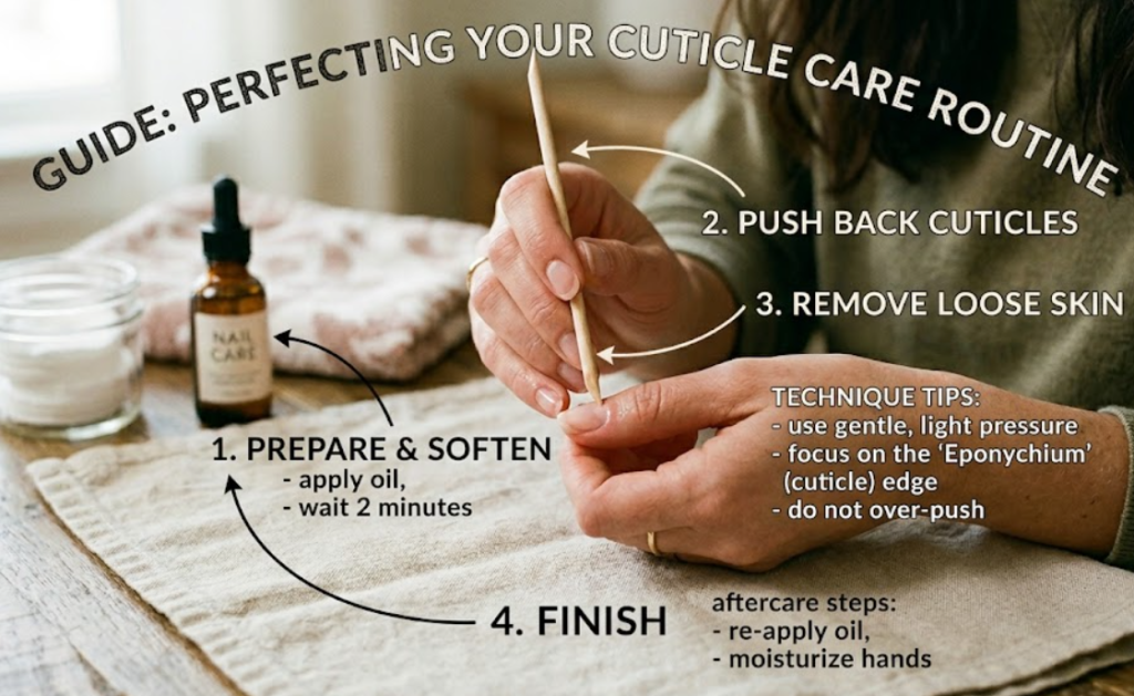 Close-up photo of a hand being treated with oil for hydration, followed by the professional technique of using a wooden cuticle pusher after a warm water soak.
