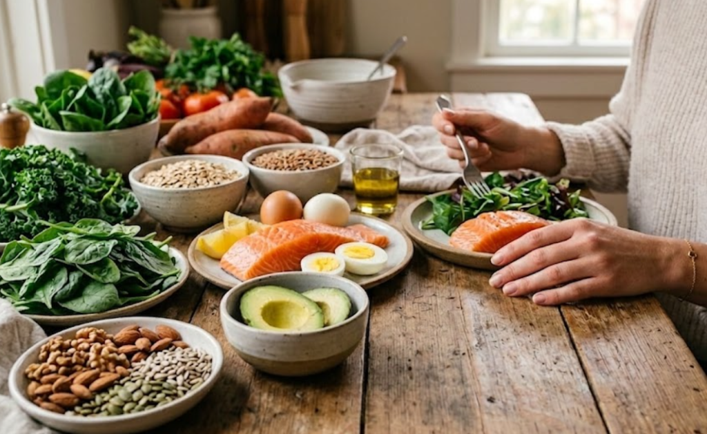 A woman eating salmon at a rustic wooden table covered in various healthy foods like greens, nuts, and vegetables.