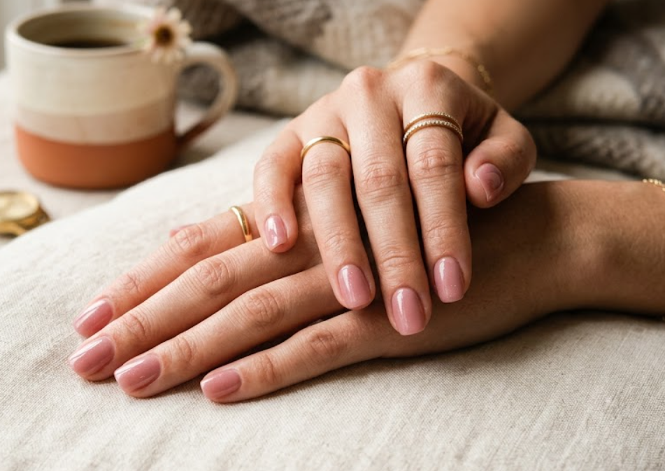 Close-up of hands with a glossy dusty rose manicure, wearing delicate gold jewelry and resting on a beige linen surface.