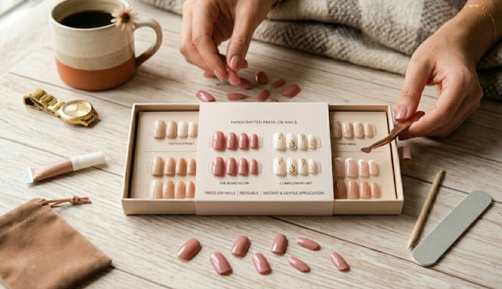 Hands organizing a professional press-on nail kit on a wooden table, surrounded by a coffee mug, nail file, and gold accessories.