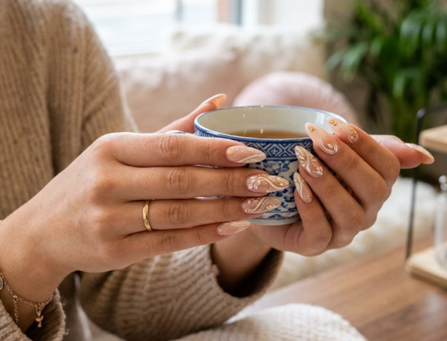 Elegant long shape fix almond nail extensions with nude polish, white leaf art, and gold accents on hands resting in a cafe.