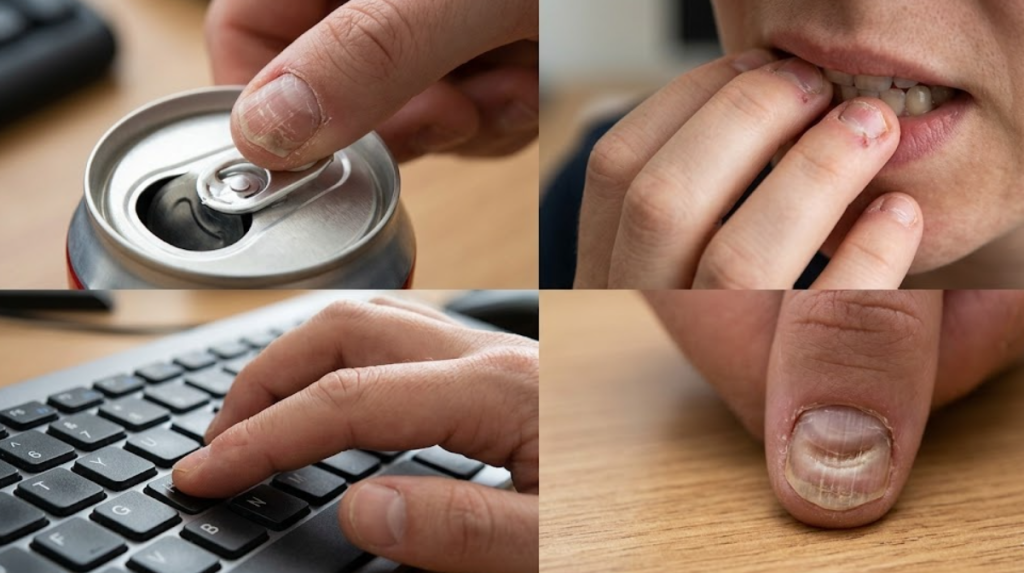A collage showing common bad nail habits: opening a soda can with fingernails, a person biting their nails, and uneven pressure on a keyboard while typing