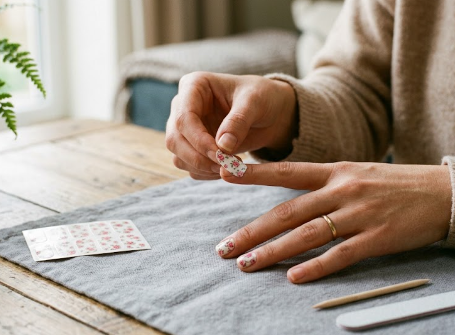 A close-up of hands applying floral nail wraps at a wooden table with manicure tools nearby.